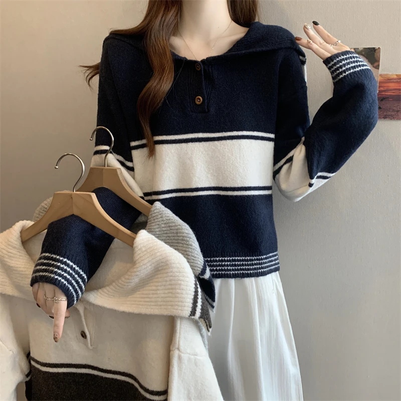 

Seoulcore Navy Knit Sweater: Winter Block Stripe Collar Loose Long Sleeve