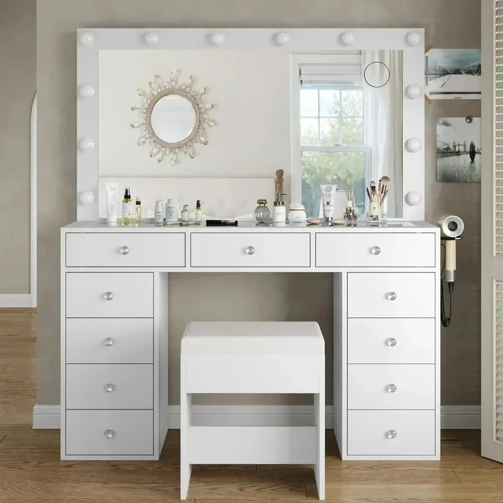 Vanity Desk, Power Outlet, Mirror with 12 LED Lights, 11 Drawers, Chair, 3 Lighting Modes, Brightness Adjustable