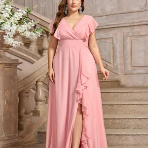 V-Ausschnitt Chiffon Rosa Hochzeitskleid, Fteur-Hochzeitskleid auf den Boden, Abendgästekleid, Plus Size, eine Linie, 2024 8 Hauptverkäufe rosa Kleid rosa - №4