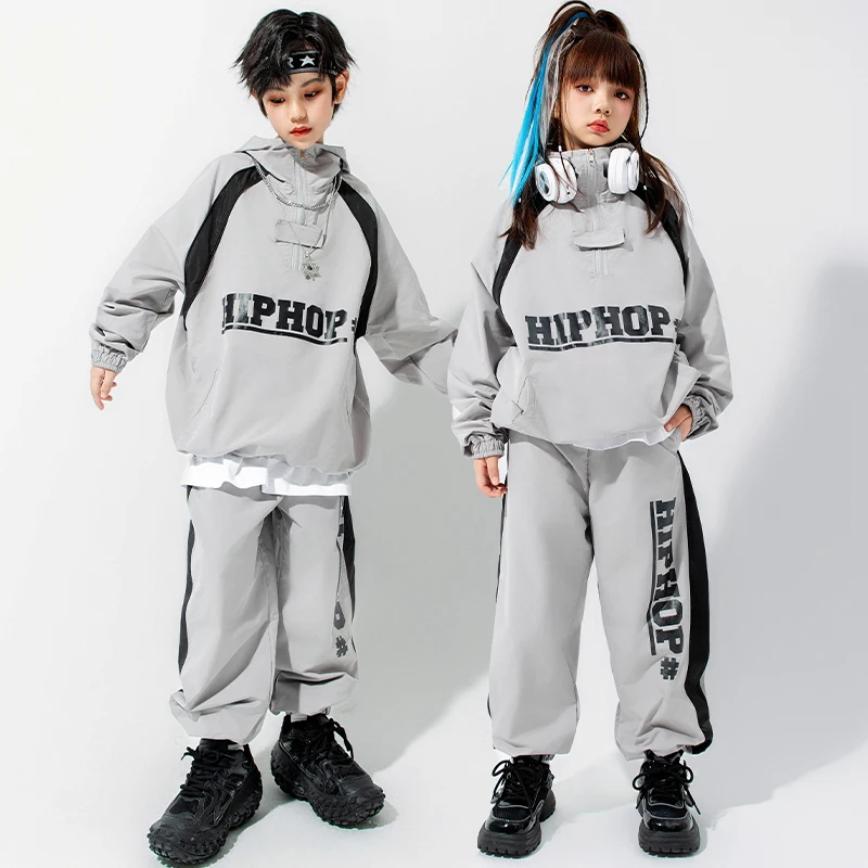 2023 Kids Hip Hop Dance Costume Boys Loose Gray Tops Pants girls Modern Jazz Dance Practice Clothes Performance Suit BL12021