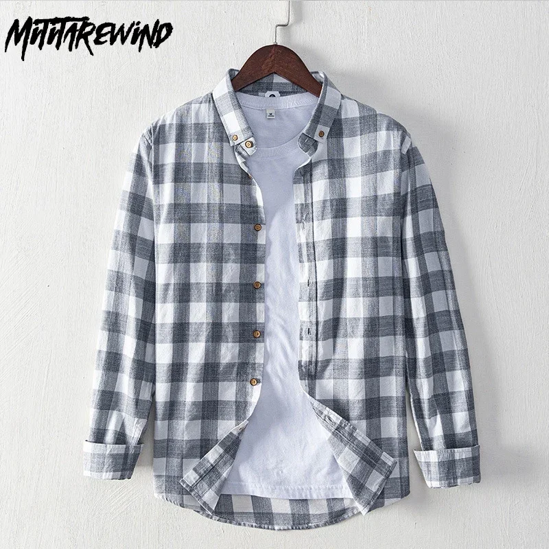 

Spring Summer Harajuku Plaid Shirt Men Daily Causal Long Sleeve Shirts Pocket Square Collar Pure Cotton Tops Simple Ropa Hombre