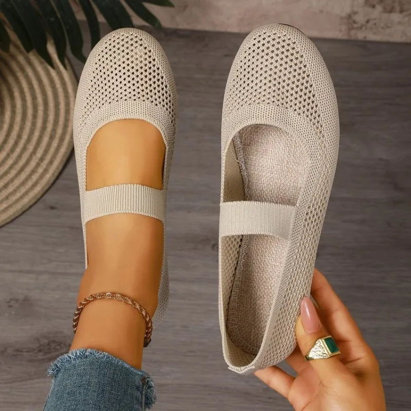 Zapatos planos Mary Jane para mujer, parte superior de malla tejida, correa elástica, transpirables, punta redonda, suela suave y flexible, duraderos
