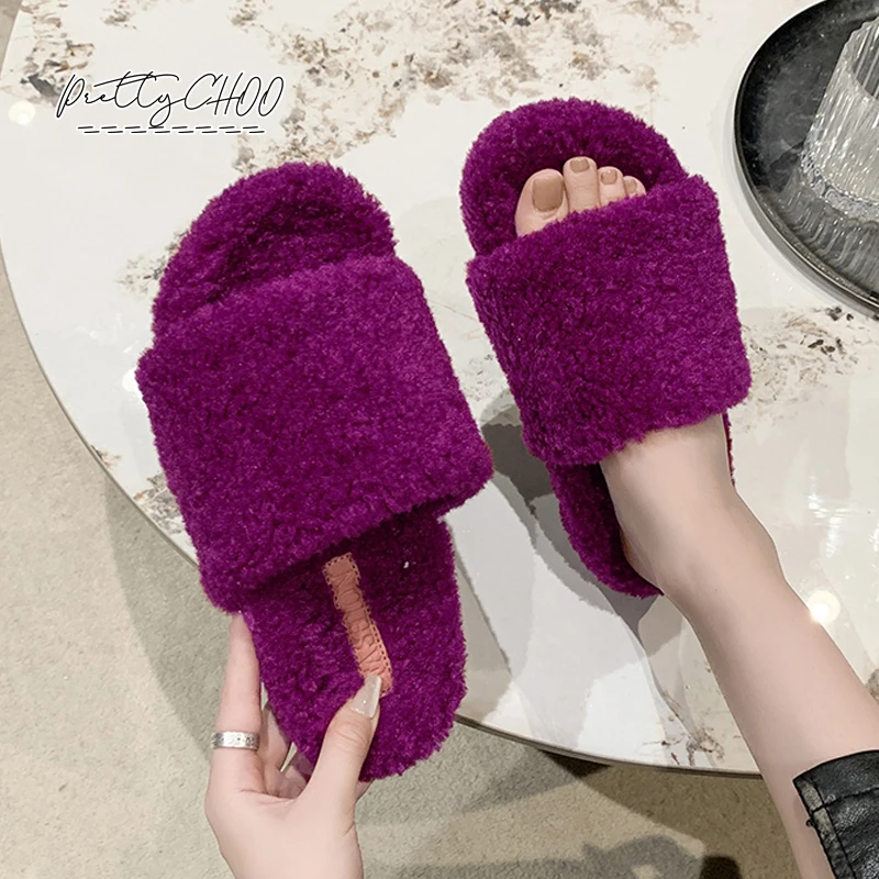 

Purple Lambswool Slide Mules Woman Thick Sole Curly Teddy Fur Slippers Ladies Fashion Fluffy Plush Sandals Warm Home Shoe