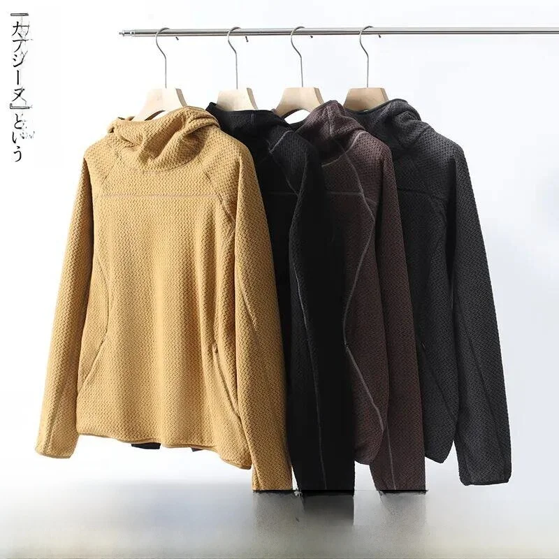 

Outdoor Casual Hoodie Fleece Lined Hассu Design Loose Couple Sweatshirt Standard Fit Polyester Long Sleeve Wave Pattern