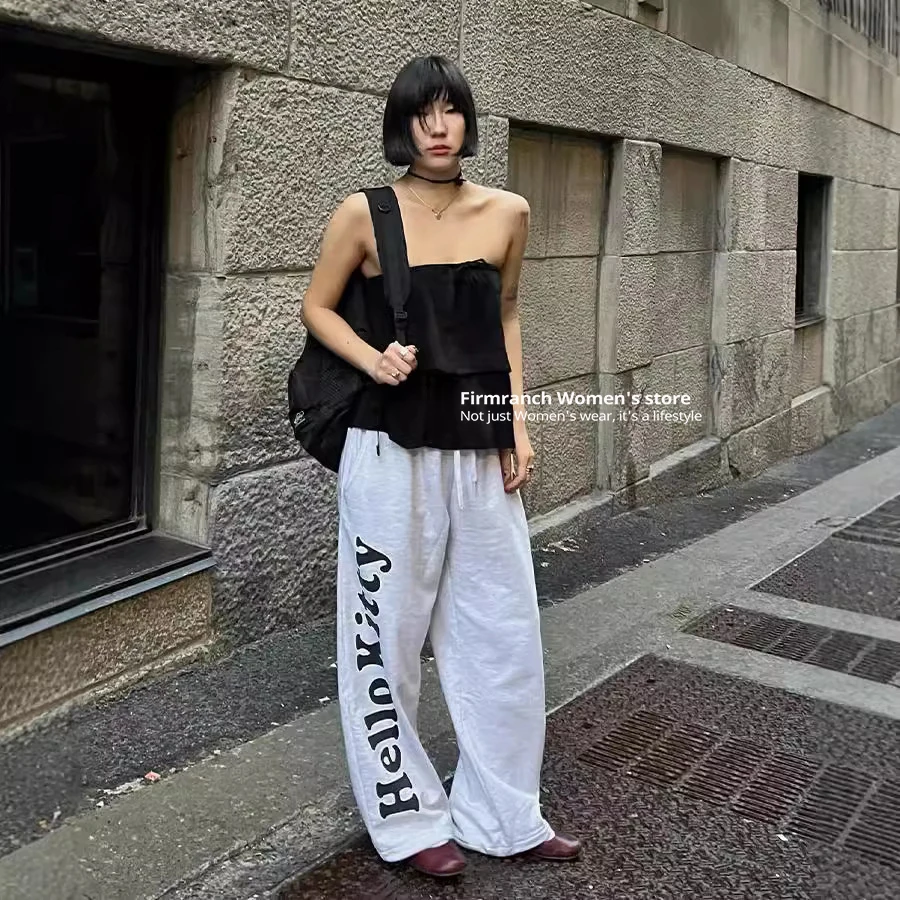 Firmranch New 2024 Korean Fashion New YY Early Autumn Bow Embroidery Straight Sweatpants For Women Elastic Waist Sport Trouser