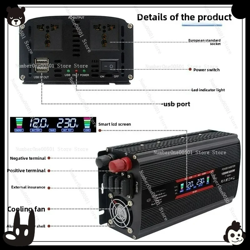 Dual voltage high power inverter 1500W 3000W modified sine wave 12V 24V to 220V