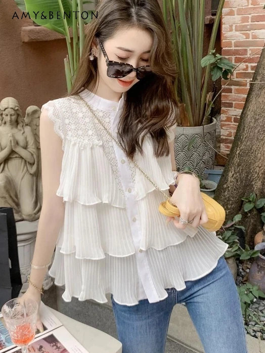 

French Temperament Sweet Sleeveless White Chiffon Shirt Cute Lotus Leaf Loose Slim Blouse Women Versatile Casual Graceful Shirts