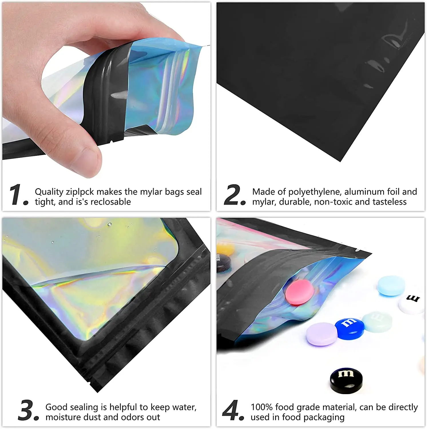 50pcs Black Holographic Laser Color Bag Plastic Ziplock Foil Pouches For DIY Jewelry Retail Storage Pouch Zip Lock Bags