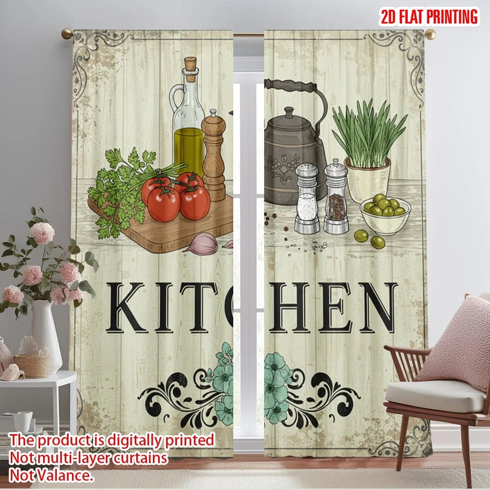 

2pcs 2D flat printing Window Curtains Vintage Kitchen Still Life Tomatoes Herbs 100% Polyester Without Electricity Holiday
