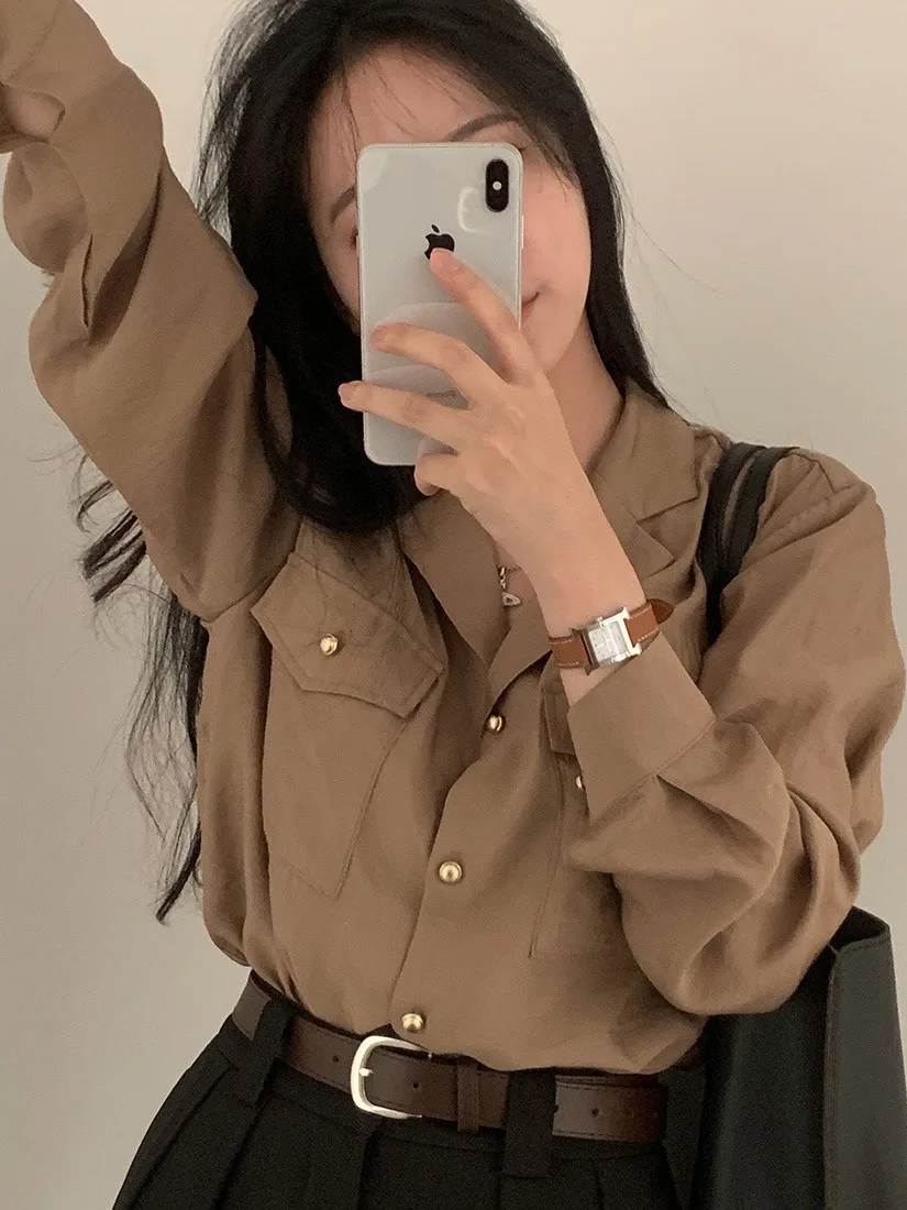 

Chic Vintage Chic Long Sve Metal Button Loose Suit Collar Women's irt Faionable Commute Sle Pure Color Versatile irt