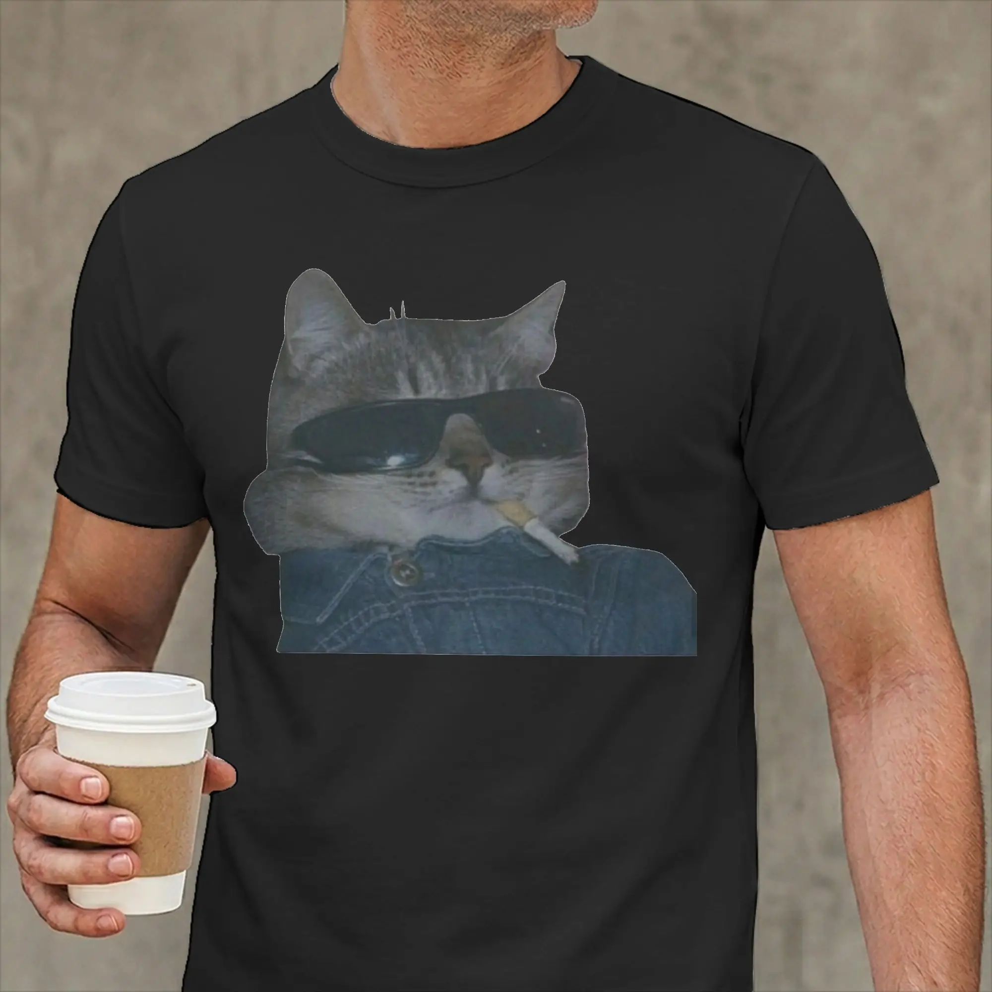Smoking Cat Cigarette T Shirt for Men 100% Cotton Vintage T-Shirt Round Collar  Tees Short Sleeve Tops Plus Size