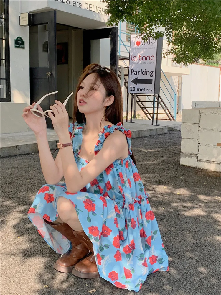 Summer Holiday Y2K Girl Flower Print Mini Dress Fashion Loose Seaside Beach Short Dress Retro Square Collar Ruffles Tank Dress