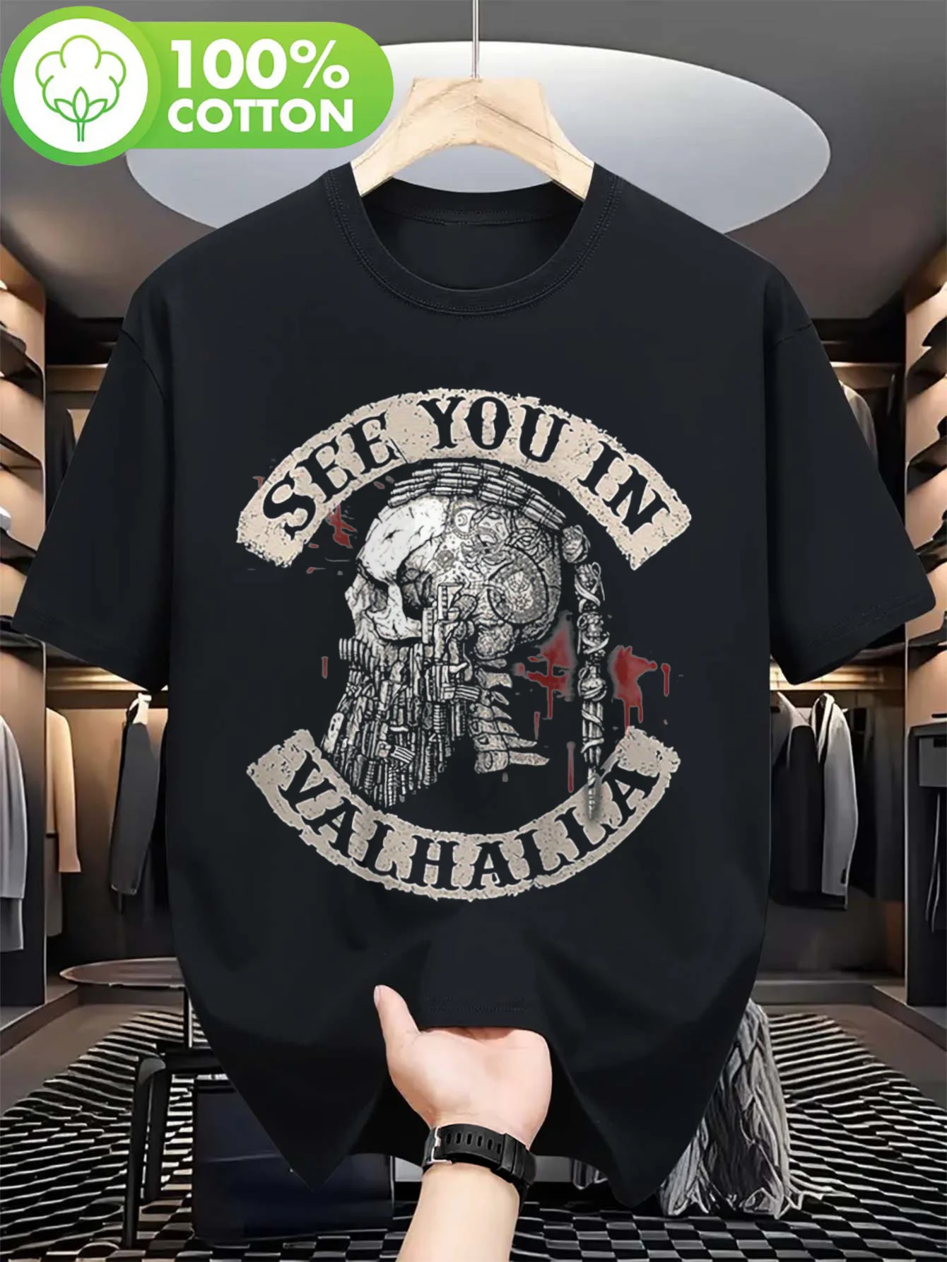 Summer Hot Selling Viking Valhalla Skull T-shirt with Nordic Warrior Design, Featuring Viking Skull and Rune Patterns