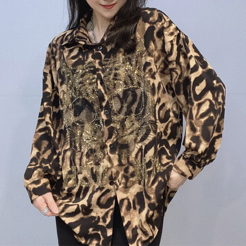 

Luxury Diamonds Retro Leopard Print Chiffon Shirs Long Sleeve Vintage Loose Streetwear Shirts Female Thining Womens' Clothing