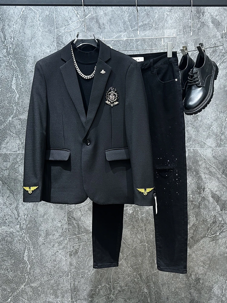 

Slim Fit Korean Sle Men's Suit Jaet Casual Trendy Embroidery Design Hair St Favorite Faionable Small Western Coat