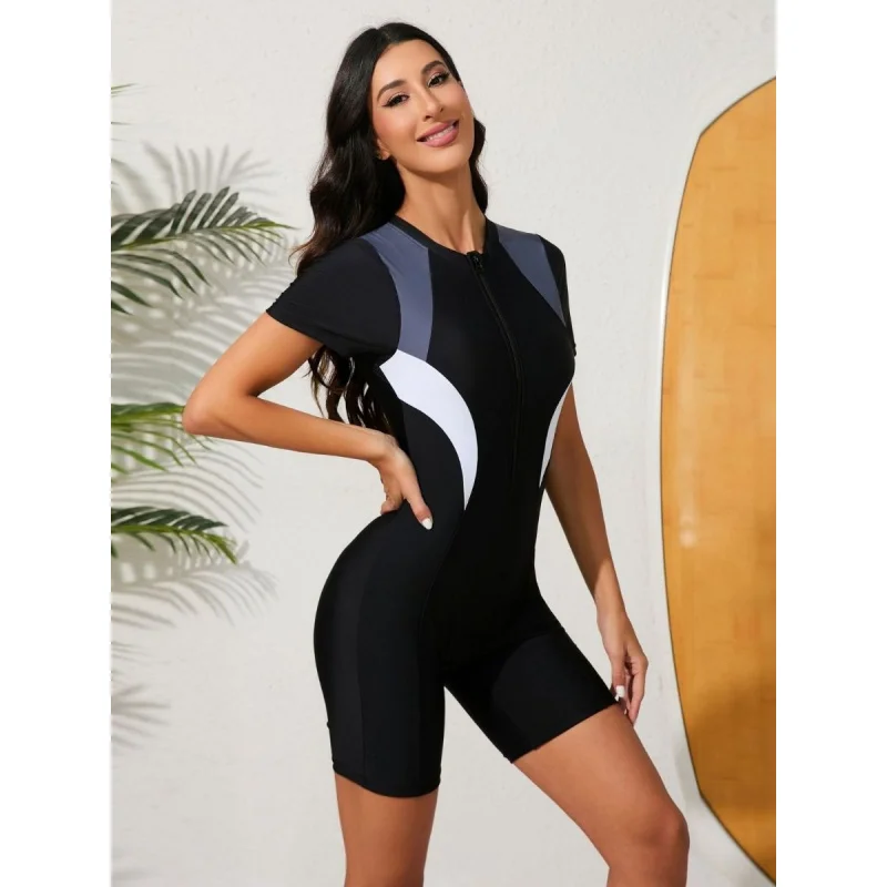 طباعة الأزهار كتلة اللون قصيرة الأكمام Boyleg قطعة واحدة ملابس السباحة النسائية Diveskin #5