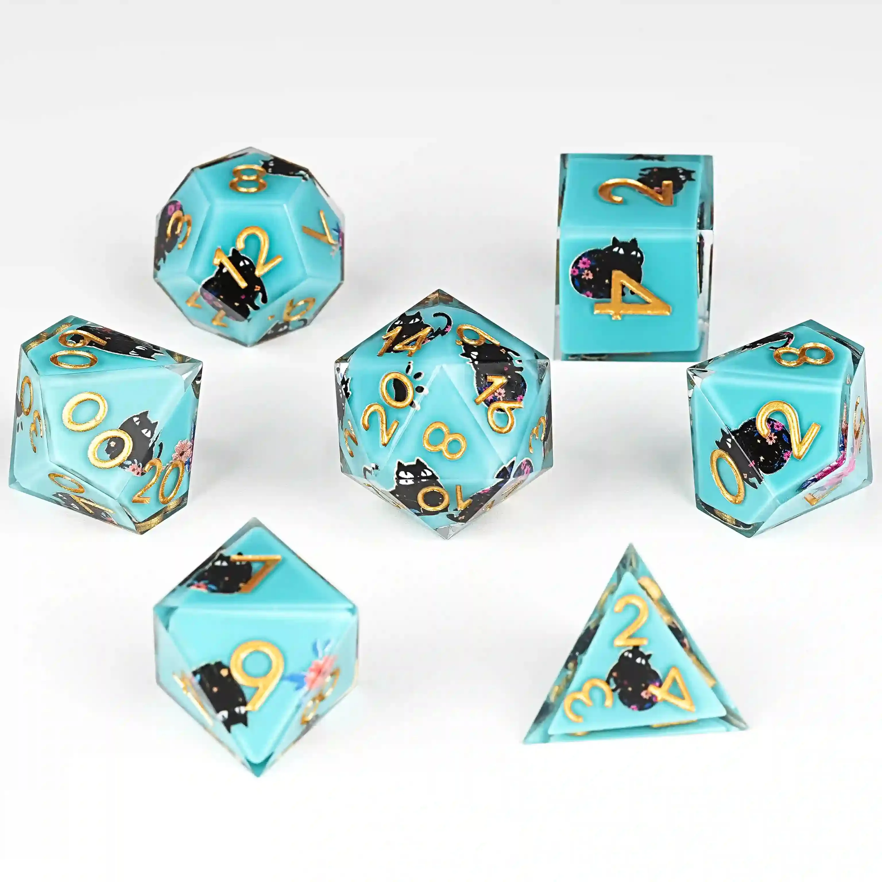 

7Pcs DND Blue Black Cat Solid Resin Kitten Golden Word Dice Set Multi-sided Polyhedral Dice for D&D COC Role RPG Table Game