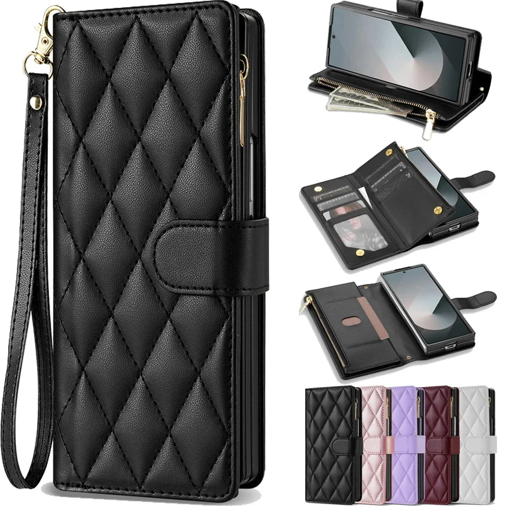 

For Samsung Z Fold6 Fold 5 4 3 5G Crossbody Strap Zipper Leather Wallet Case For Samsung Galaxy Z Fold 6 Etui Z Fold5 4 3 Cover