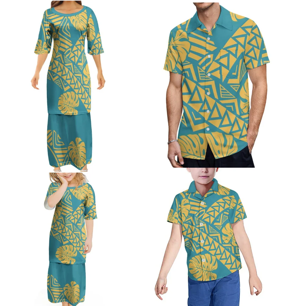 Pacific Islands Puletasi Women\'s Long Dress Summer Short Sleeve Adult Children Family Set Custom Polynesian Pattern