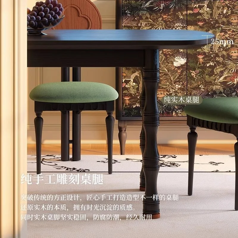 Light French small apartment dining table, living room home retro semi-oval coffee shop against the wall, black solid wood dinin