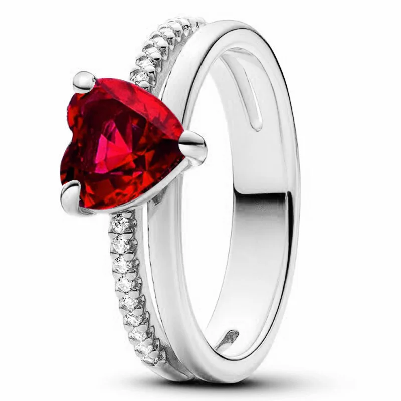 Nuevo Anillo de Plata de Ley 925 pavimentado de doble banda corazón elevado con anillo de cristal para mujer regalo de cumpleaños joyería DIY europea