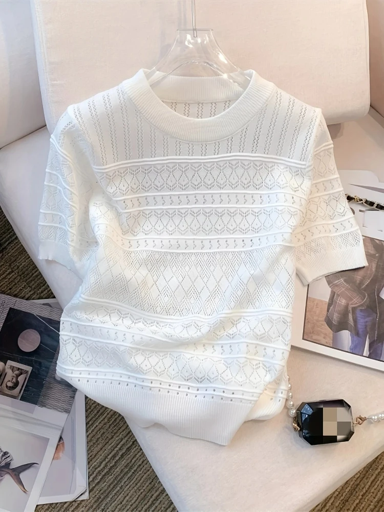 

Women Thin Hollow Out Crew Neck Pullover Sweater Versatile Short Sleeve Knitted Top For Spring & Women Clothing Fashion New
