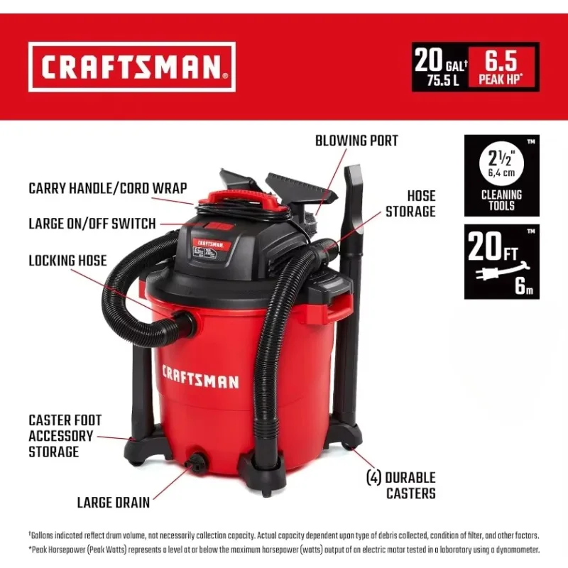 CRAFTSMAN CMXEVBE17596 20 Gallon 6.5 Peak HP Wet/Dry Vac, Heavy-Duty Shop Vacuum Wet and Dry with Attachments for Shop, Garage