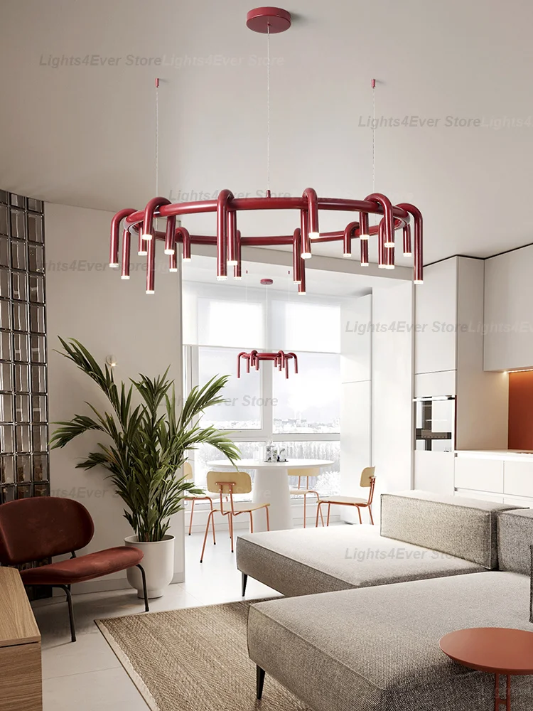 

Modern Minimalist Red U Shape 1105 Ceiling Pendant Light Elegant Lustre Design Home-applicant LED Dimmable Lamps For Dining Room