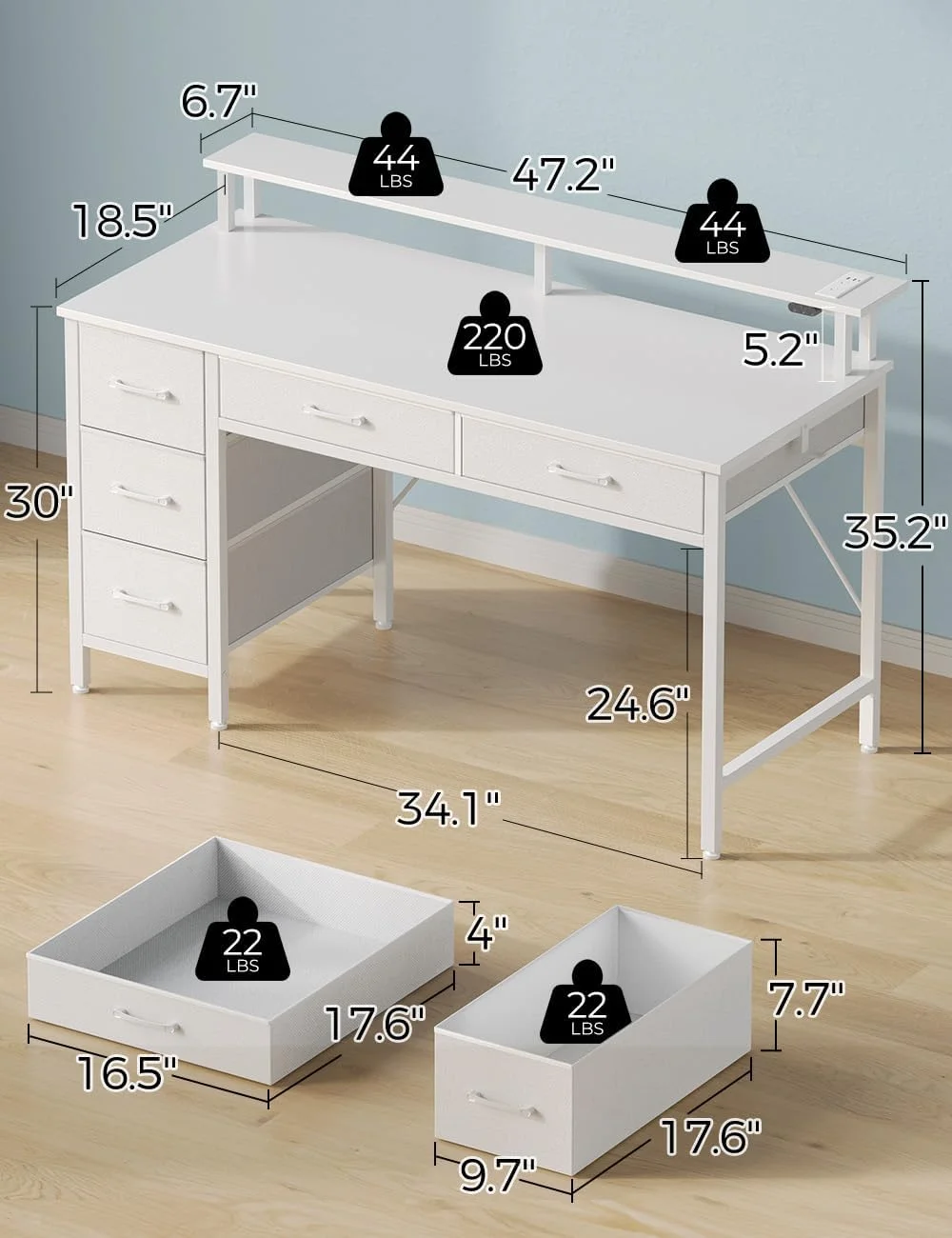 Seventable Home Office Desk, mesa do computador com Power Outlets e luz LED, 5 gavetas, 47 em