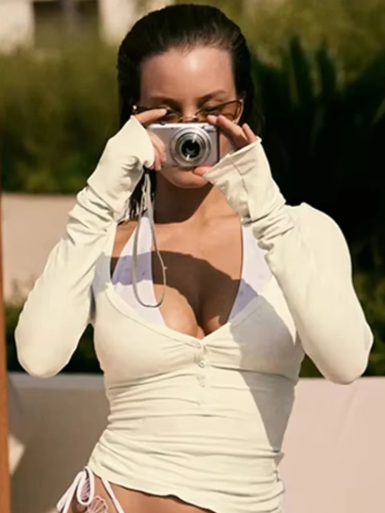 

Insglas Casual 2 Piece Set Women Button Low-Neck Full Sleeve Tops+Ruched Elastic Waist Pants Style Simple Comfortable Outfits