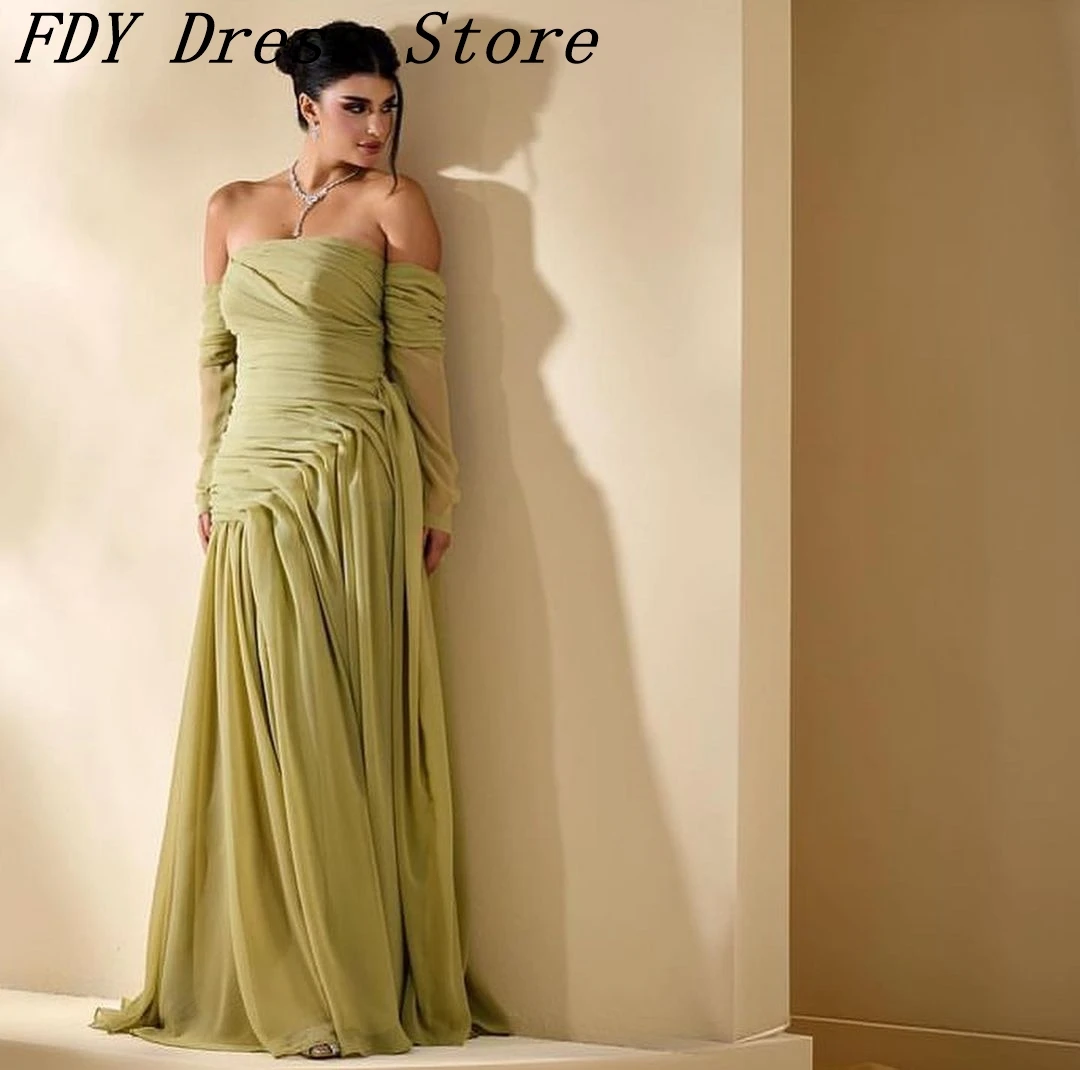 

Vintage Mermaid Evening Dresses Strapless Long Sleeves Prom Dresses Pleated Chiffon Floor Length Wedding Party Dresses