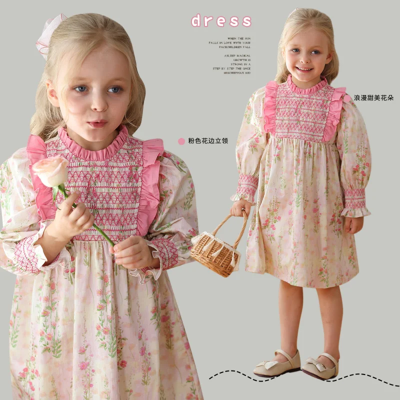 

French Floral Stand Collar Smocking Girls Dress2024Autumn New Puff Sleeve Sweet Princess Dress Kids' Skirt