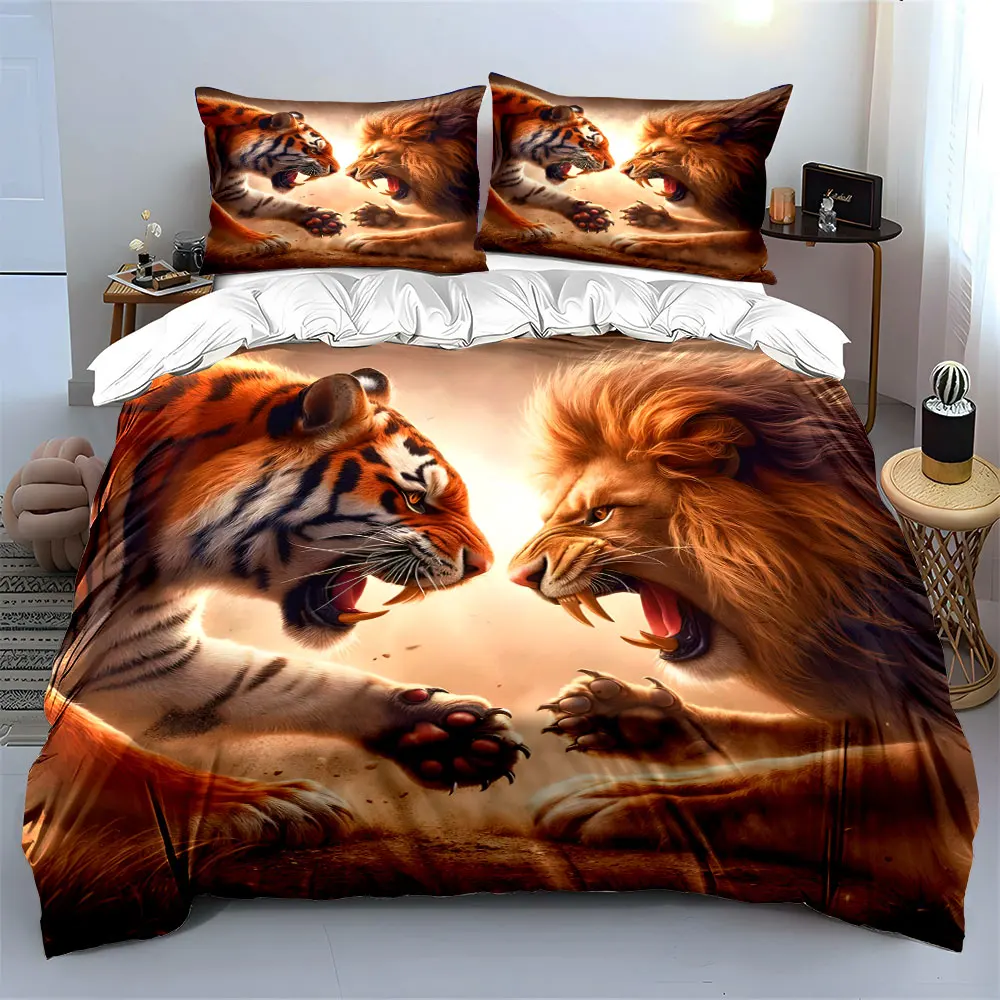 Fierce confrontation of tiger and lion Printed Duvet Cover Set 1 Duvet Cover+2 Pillowcase Multi Size Bedroom Bedding Decor