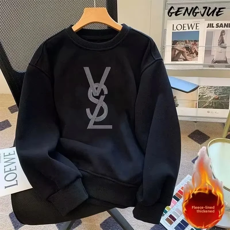 2025 nueva sudadera de algodón pesado con cuello redondo y forro polar para hombre, nuevo estilo, Jersey holgado a la moda, Top Otoño/Invierno