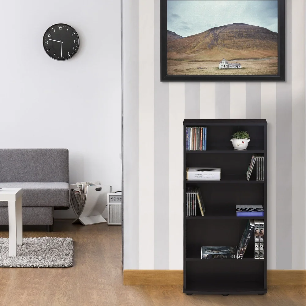

Multimedia Storage Tower Adjustable Shelves Space Saving Organizer CDs DVDs Easy Assembly Wood Indoor Use