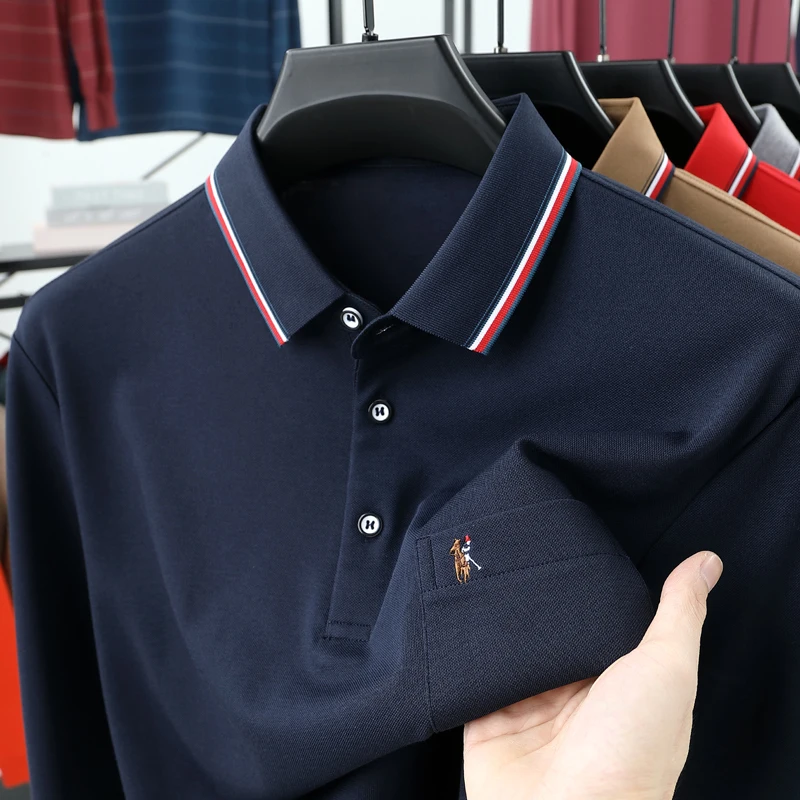 

Designer fashion men's long sleeve polo shirt high-end brand luxury pony embroidery pocket striped lapel new casual Paul T-shirt