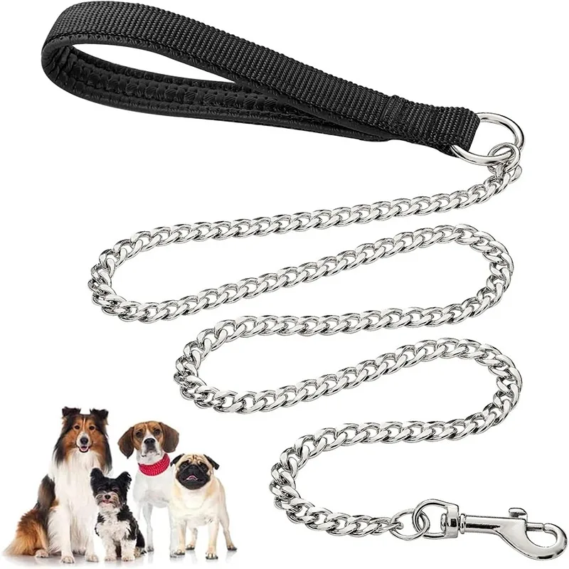 Heavy Duty Metal Dog Leash With PP Foam Cotton Woven Handle, Twisted Chain Quick Release Pet Dogs Traction Rope Leash Anti Bite