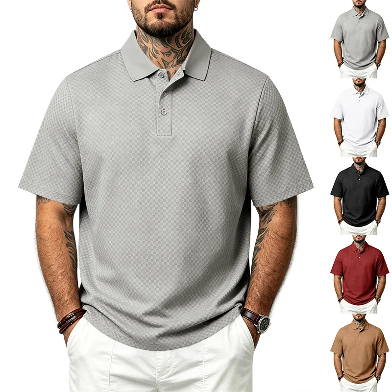 Men Solid Tone Grid Jacquard Polo Shirt Lapel Collar Button Placket Casual Golf Short Sleeve Top
