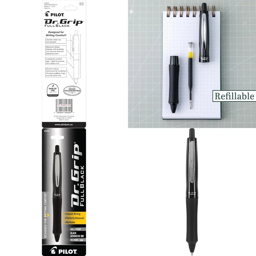 

PILOT Dr. Grip FullBlack Refillable Retractable Ballpoint Pen Medium Point Black Ink Single Pen 36193 - Perfect for School Jour