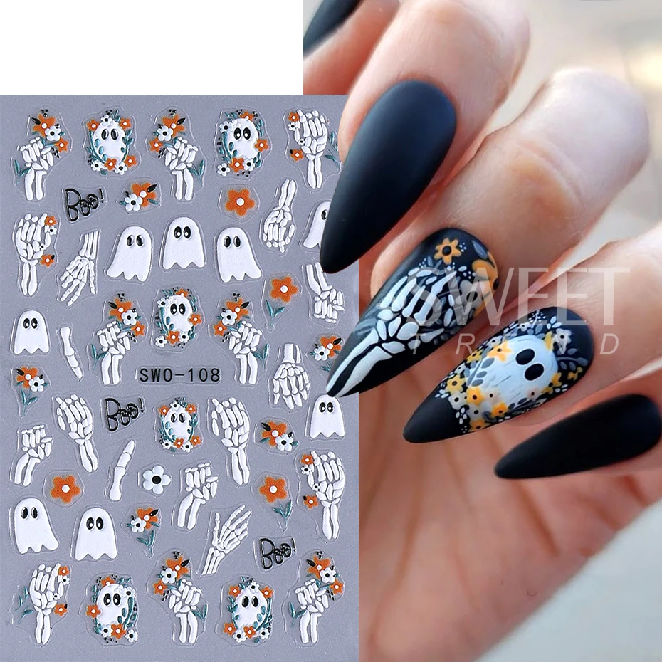Autocollants pour ongles 3D Halloween, citrouille fantôme araignée crâne, nœud fleur chat mignon, décalcomanies adhésives coulissantes, décor de manucure, 1/3 pièces