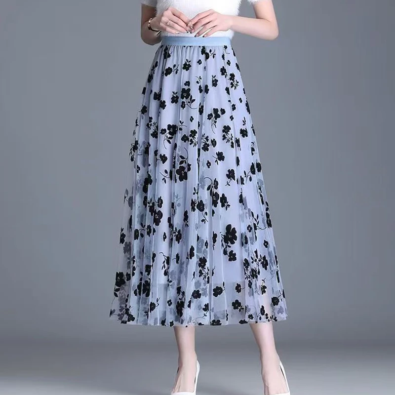 

Flower Flower Embroidery Mesh Tulle Skirt Women Summer Fashion Office Ladies Work Party Midi Long Skirt Black Blue