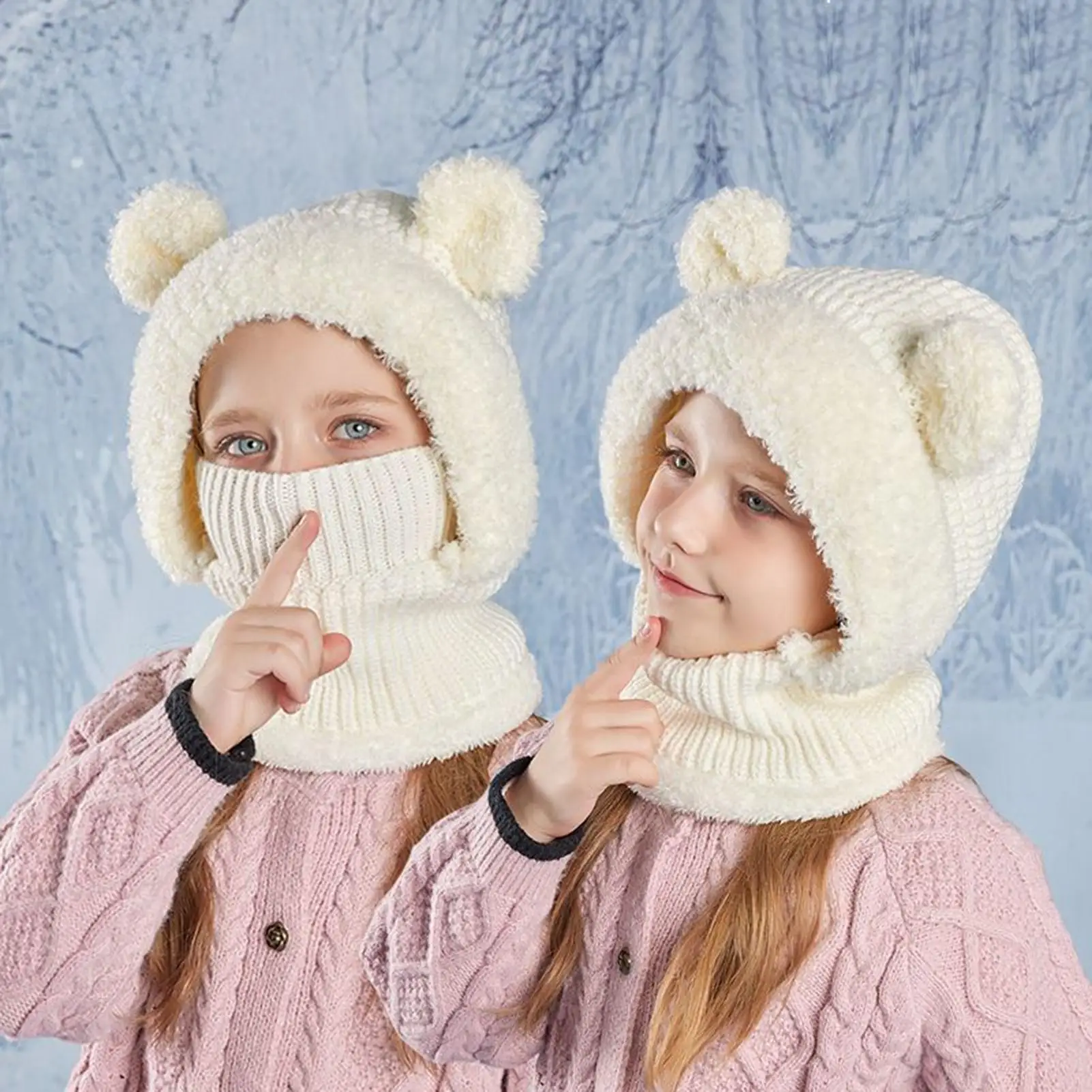 

Beanie Hat 3D Bear Ears Design Winter Beanie With Face Cover Cold Weather Warm Hat With Face Cover for Kids Boys Girls Children