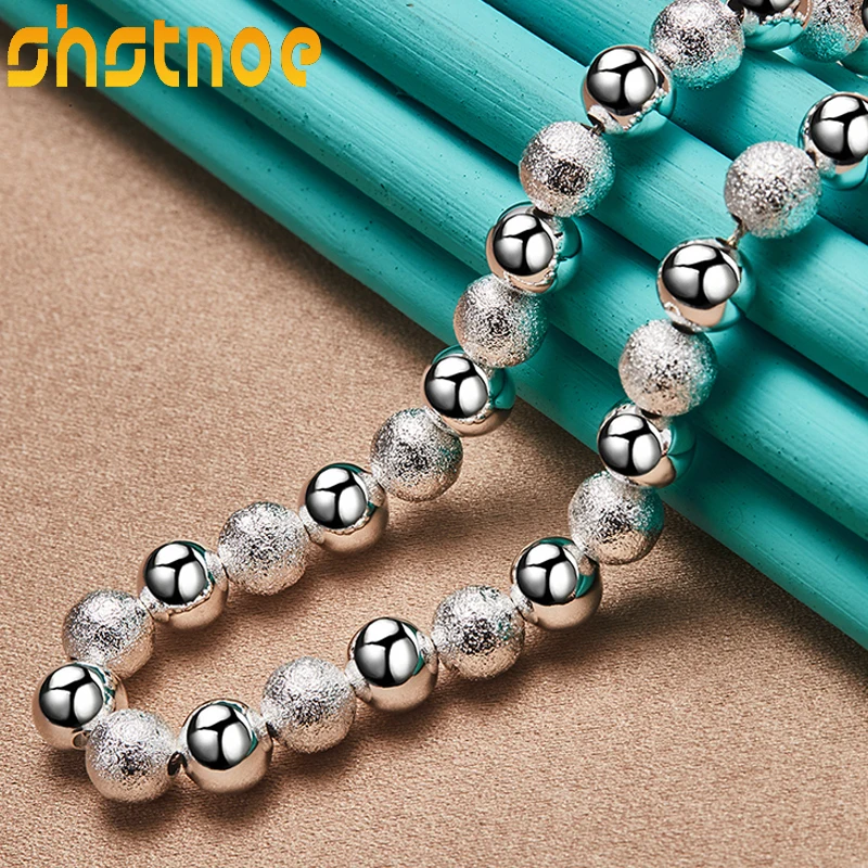 925 Sterling Silver 8mm Frosted and Smooth Beads 18 Inch Chain Necklace For Women Party Engagement Wedding Fashion Charm Jewelry