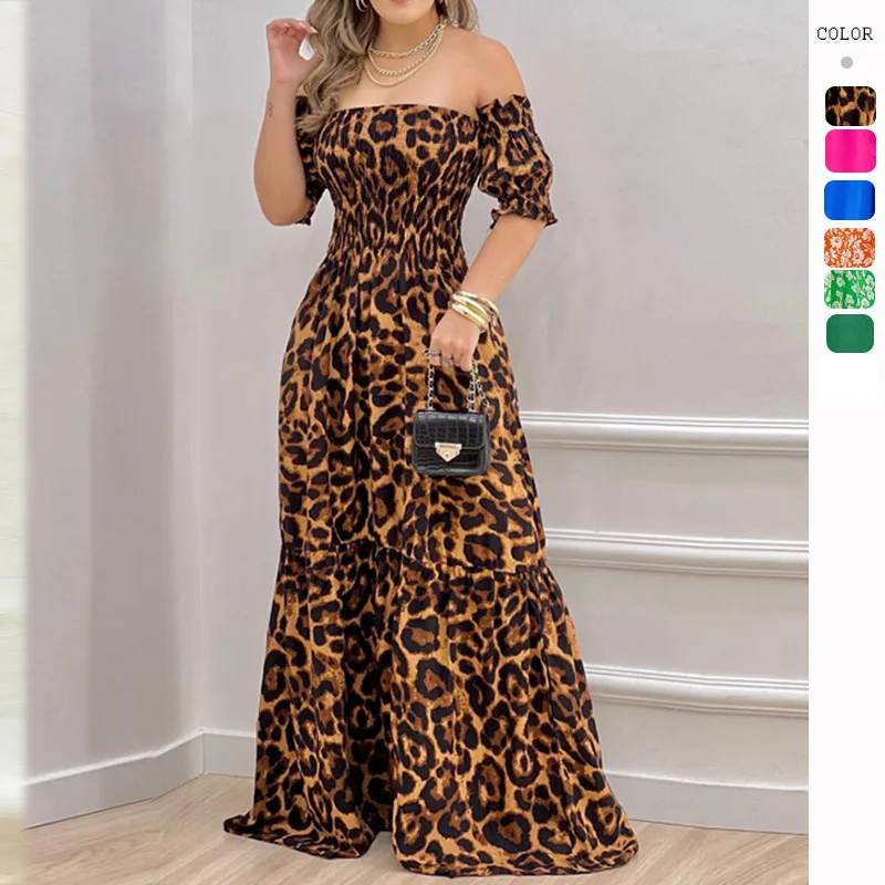 

2023 European and American women's spring and summer new one-shoulder printed pleated dress short sleeve long skirt