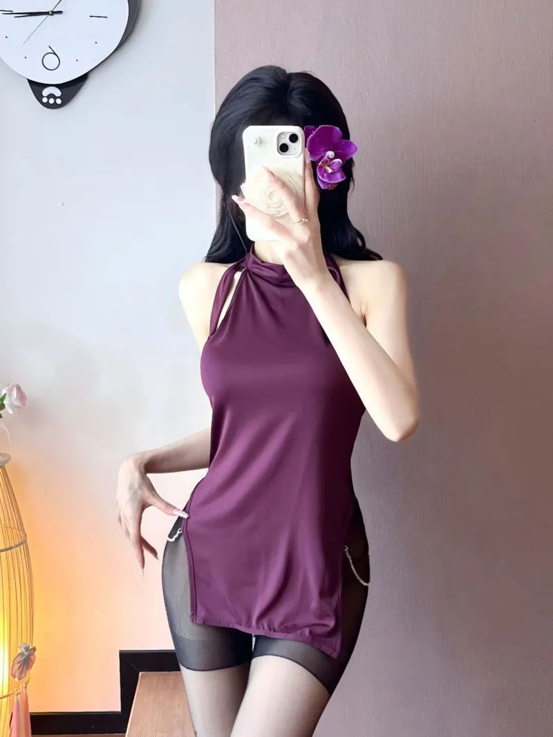 Sexy Hollow Out vrouwen Halter Hals Een Stuk Cheongsam Hot Sexy Jurk Pure Desire Backless Mouwloze Jurk Charmant CVFD