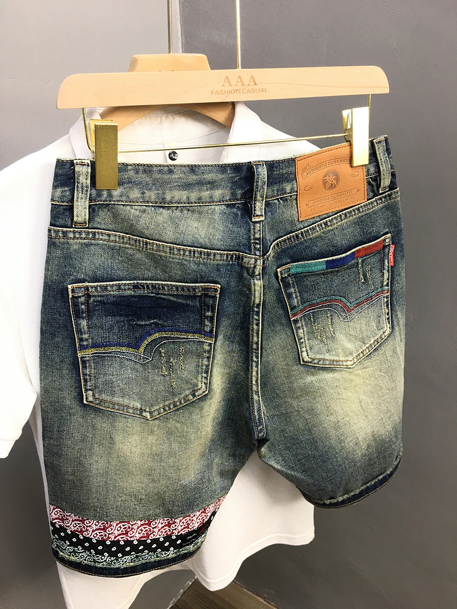 Yuppie Embroidery Distressed Scratch Washed Denim Shorts High Quality Summer American Vintage Straight Half Jeans Y2k Youth Male