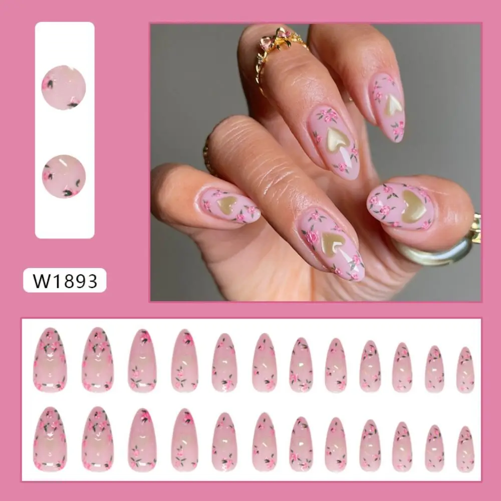 

24pcs Manicure Long Almond False Nails Pearl bow Fine Glitter Purple Flowers Press on Nails Detachable French Nail Tips Women