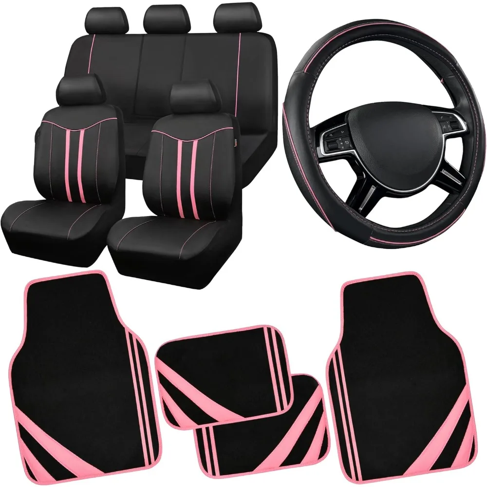 

Full Set Car Seat Covers for Women and Girls with Waterproof Mats and Anti-Slip Steering Wheel Cover, Universal Fit