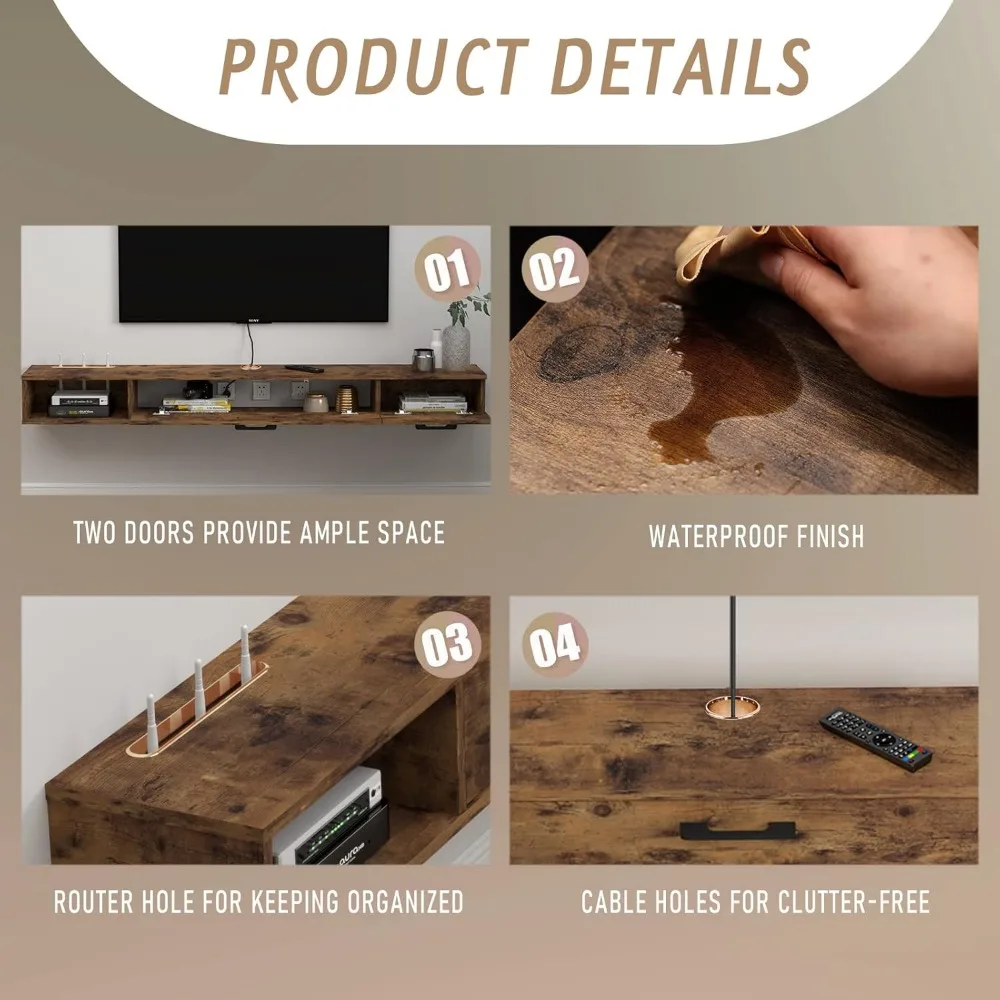 Rustic Wall-Mounted TV Stand with Floating Shelves and Doors, 47 Under-TV Storage