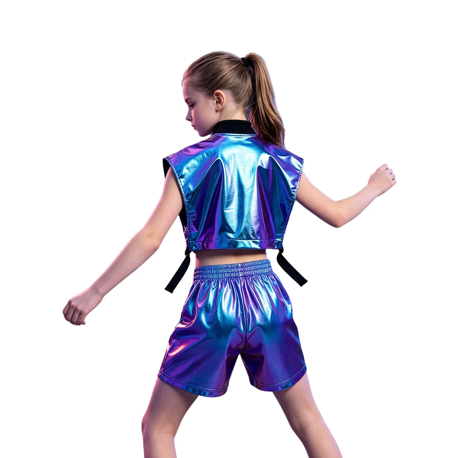 Kinder Mädchen Hip-Hop Jazz-Tanz-Outfit Aufführungskostüm mit seitlich geöffneter Metallweste mit Reißverschluss und seitlichen Druckknöpfen sowie glänzenden Shorts – Detail 29